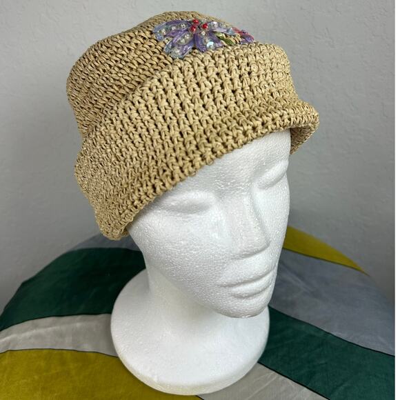 Vintage 90s- Woven Paper Hat- Flower Sequin Detail- Sz 7-14 preppy - Picture 4 of 5